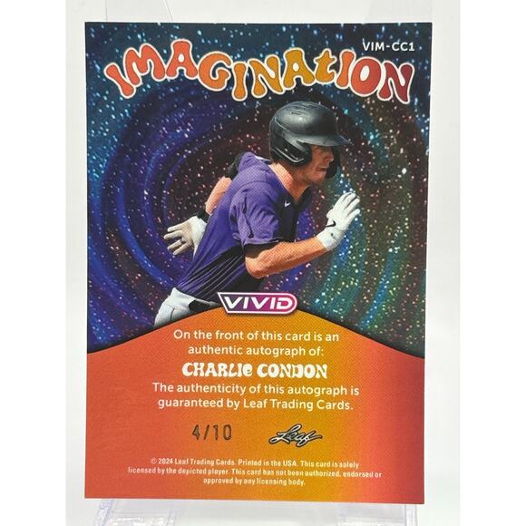 2024 Leaf Vivid Charlie Condon Imagination Speckled Auto 4/10 SP Rockies - Picture 2 of 2